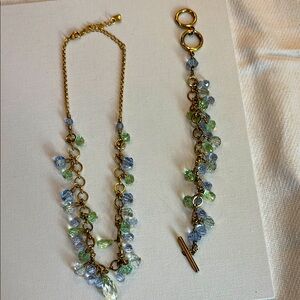 Bracelet and necklace set, gold tone with green and blue beads